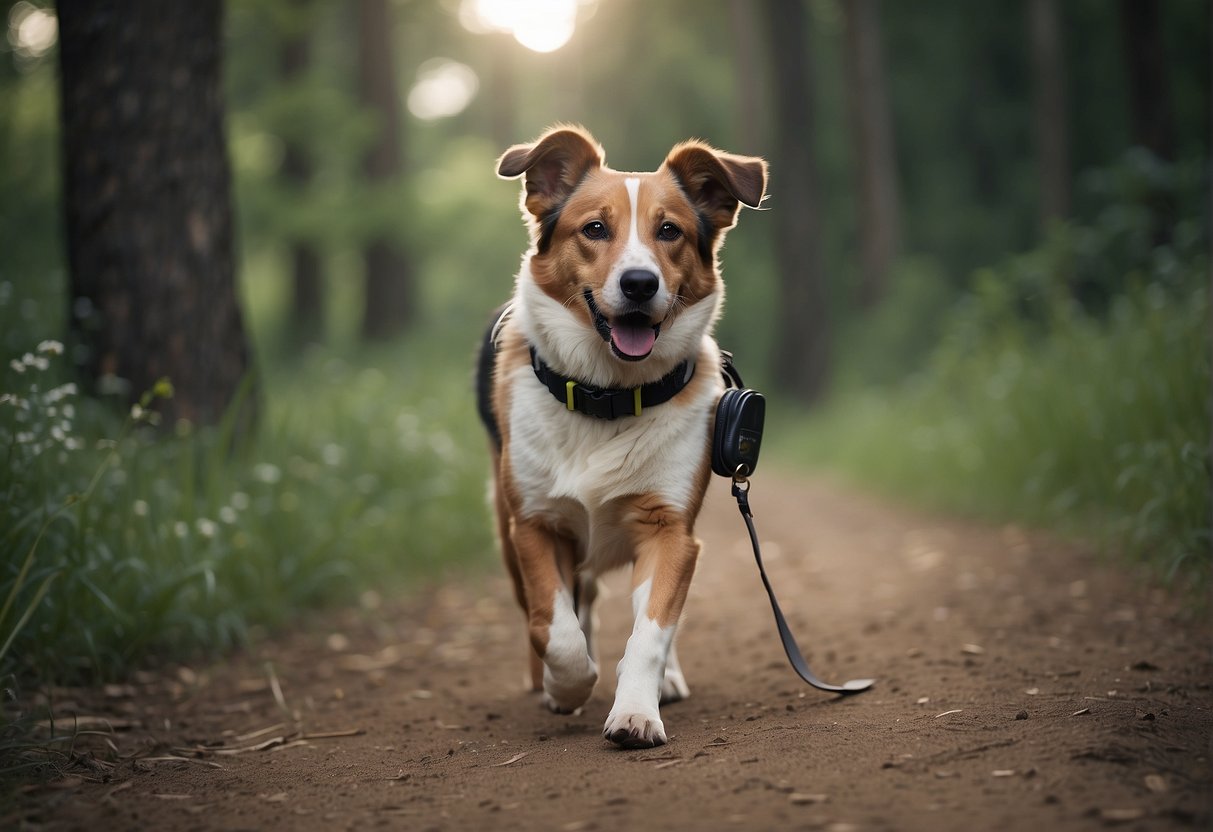 A dog wearing a reflective collar runs on a trail, with a water bottle and leash attached to its owner's waist