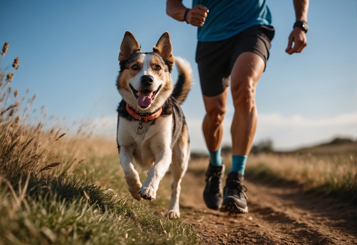 A dog running alongside a runner, both focused and determined. The runner is holding a leash, giving commands to the dog. They are surrounded by open fields and a clear blue sky