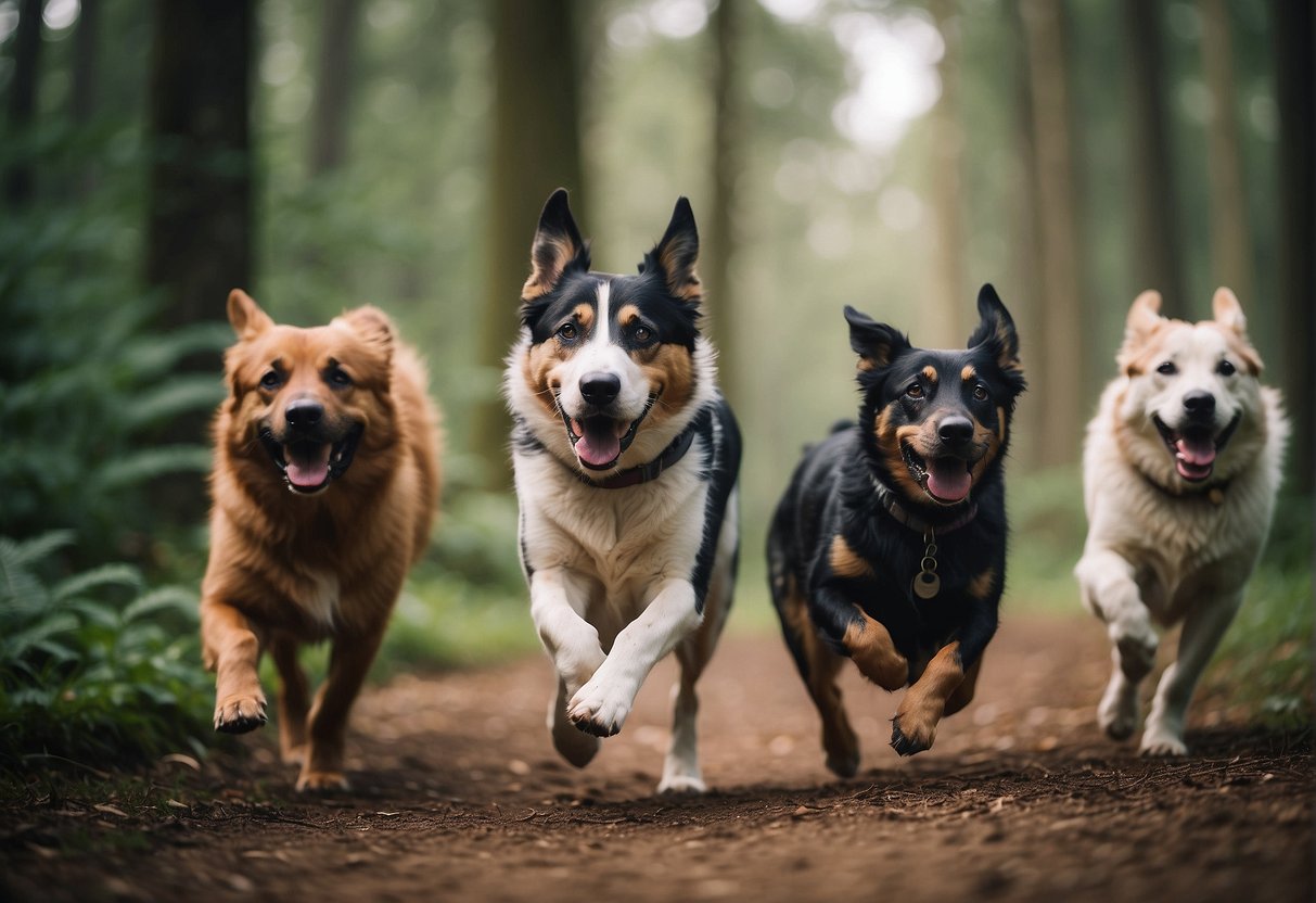 Dogs running alongside joggers on a forest trail