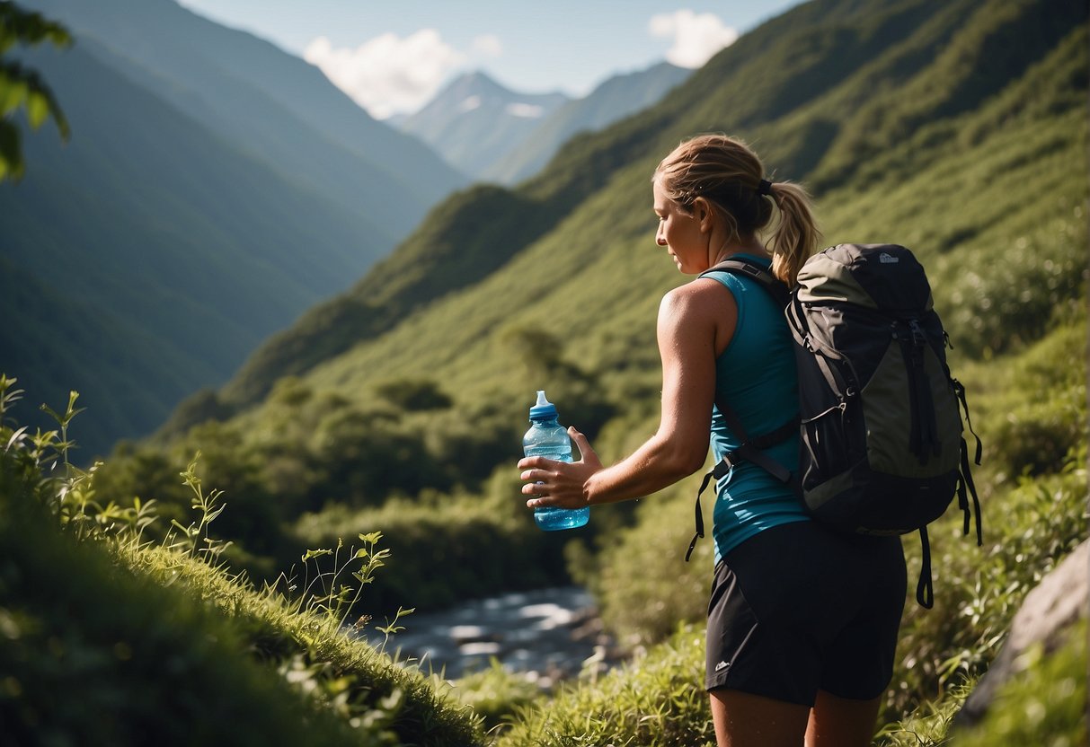 A trail runner refills a water bottle from a natural spring, surrounded by lush greenery and towering mountains in the distance