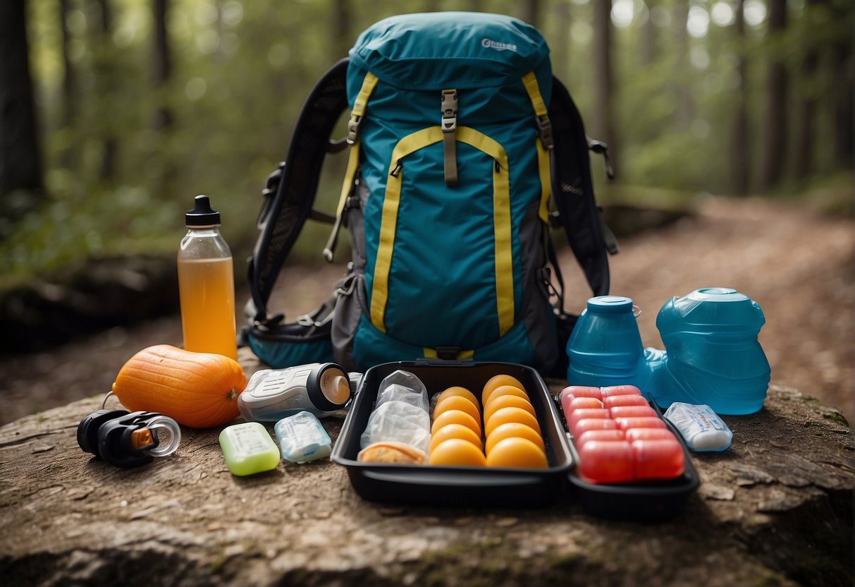 An ultrarunner's hydration pack and fueling snacks laid out on a trail, with a water bottle and electrolyte tablets nearby