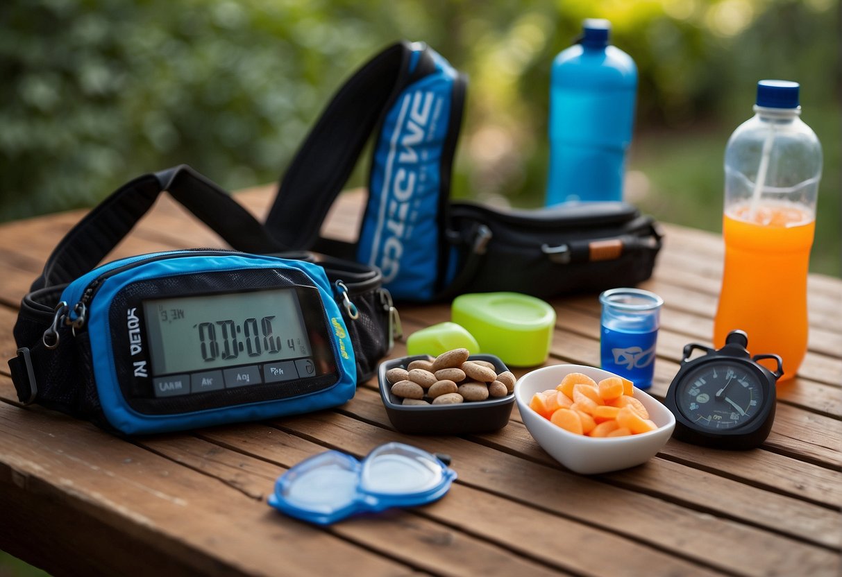 An ultrarunner's hydration pack and fueling snacks laid out on a table, with a water bottle and electrolyte tablets nearby. A stopwatch and race bib are also visible, indicating the preparation for a long-distance race