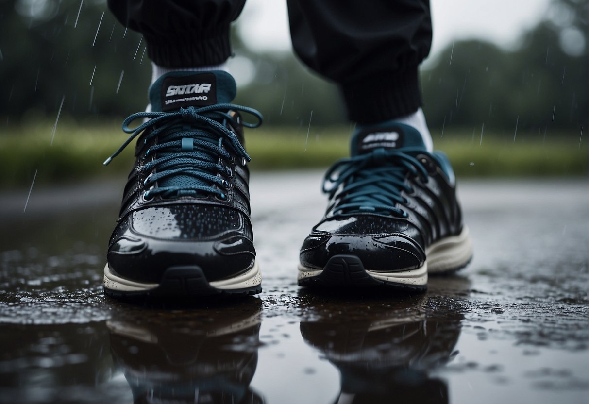 A figure lacing up running shoes in the rain, with puddles and dark clouds in the background