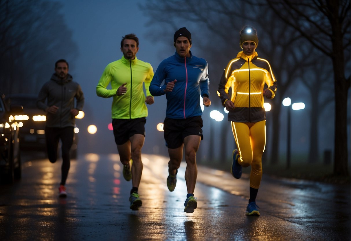 Runners wear reflective gear, use flashlights, and avoid slippery surfaces in bad weather to prevent injuries