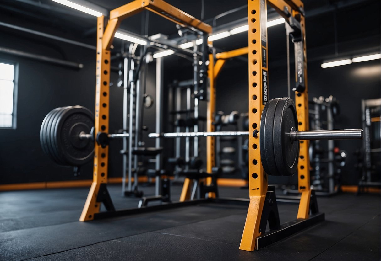 A weightlifting bar rests on a squat rack. Dumbbells and kettlebells are neatly arranged on the floor. A resistance band hangs from a hook on the wall